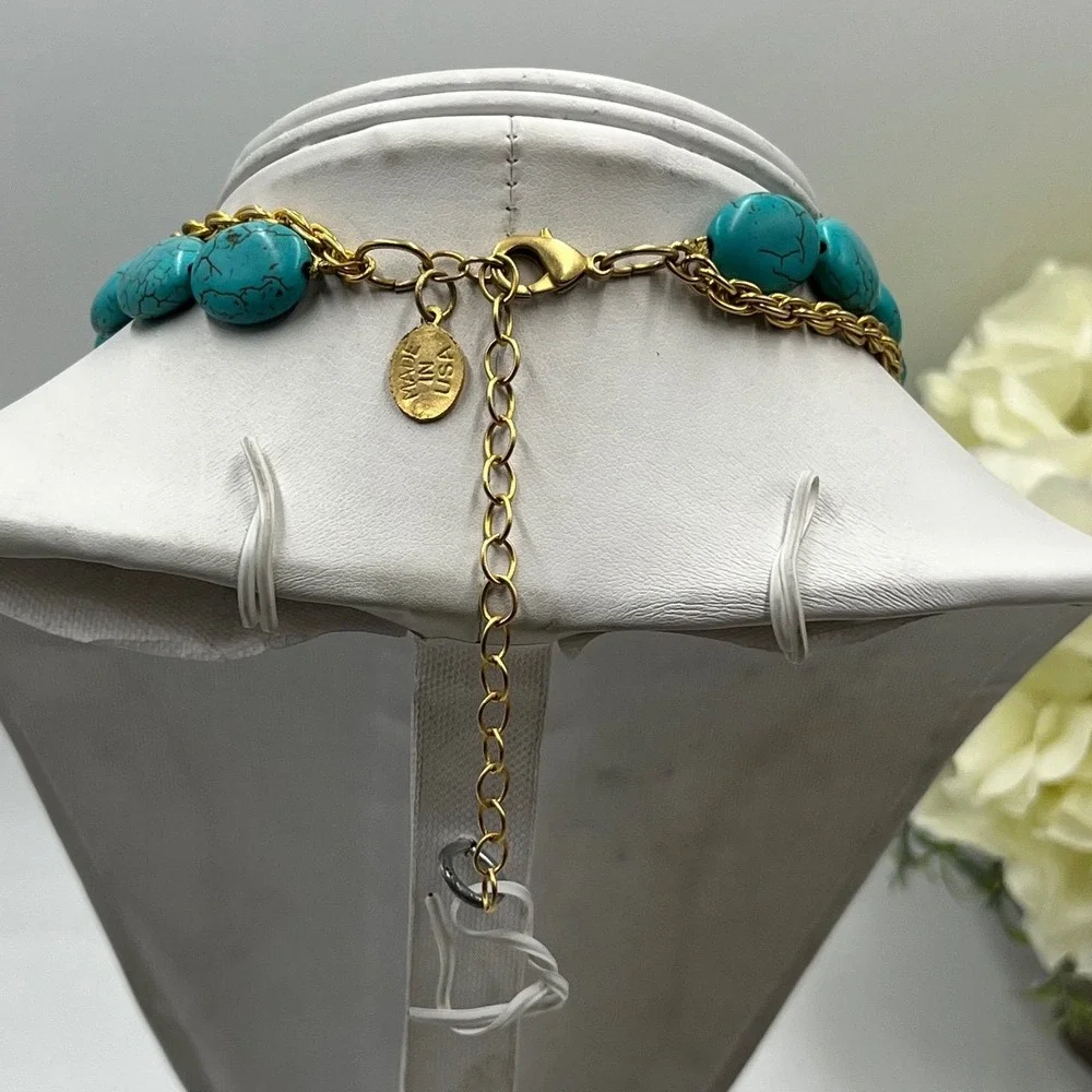 Susan Shaw Gold Tone Faux Turquoise Stone Equestrian Medallion Necklace 17-20